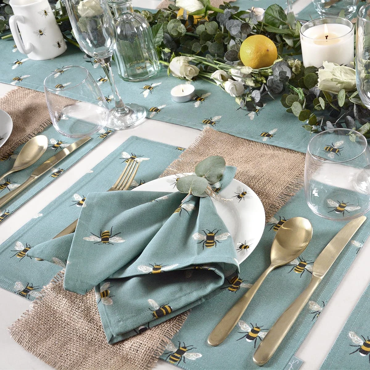 Bees Teal Table Runner 5 Bees Teal Table Runner - Image 3