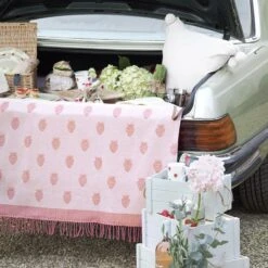 Strawberries Woven Picnic Blanket -Sophie Allport kpb97145 strawberries picnic blanket 2 lifestyle high res square