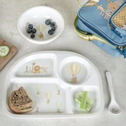 Bears & Balloons Childrens Divider Plate 9 Bears & Balloons Childrens Divider Plate -Sophie Allport mdp7927 mbl79142 mbs7914 bears and balloons melamine divider plate bowl and spoon lifestyle high res square