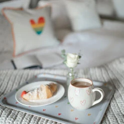 Hearts Stoneware Mug -Sophie Allport pt8145 spm81 hearts multicoloured large printed tray and stoneware mug lifestyle high res square