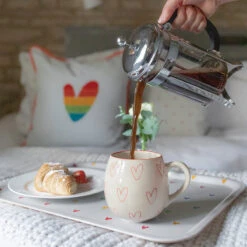 Hearts Stoneware Mug -Sophie Allport spm81 pt8145 hearts multicoloured stoneware mug and printed tray large lifestyle high res square