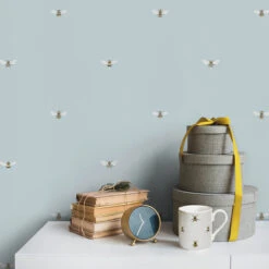 Bees Duck Egg Wallpaper -Sophie Allport wp36de bees wallpaper duck egg lifestyle high res square