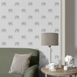 Elephant Grey Wallpaper -Sophie Allport wp54g elephant wallpaper grey 2 lifestyle high res square