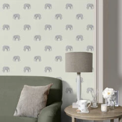 Elephant Sage Wallpaper -Sophie Allport wp54s elephant wallpaper sage 2 lifestyle high res square