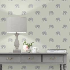 Elephant Sage Wallpaper -Sophie Allport wp54s elephant wallpaper sage 5 lifestyle high res square